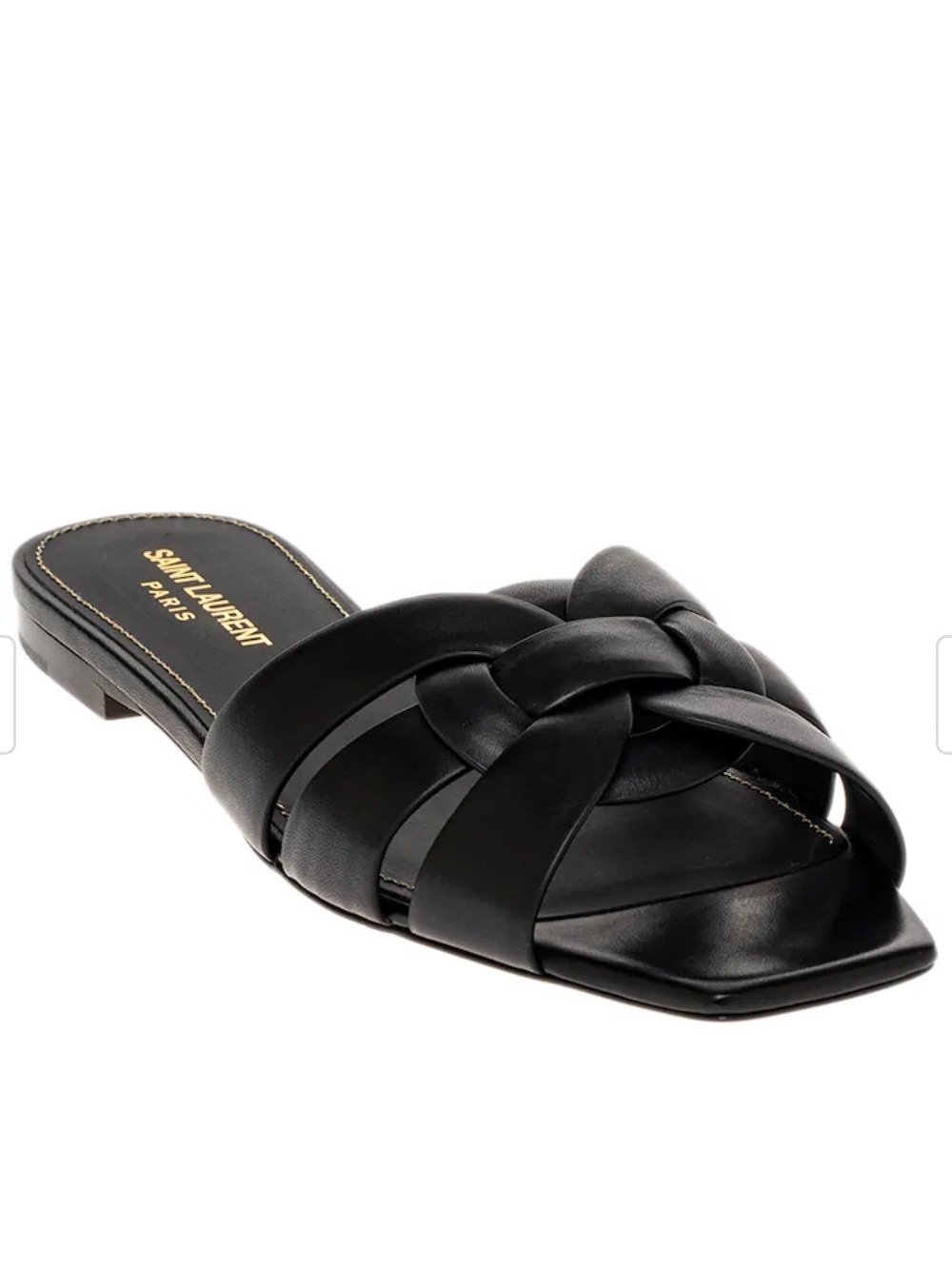 Saint Laurent Tribute flat slide sandals black leather with interlocking straps